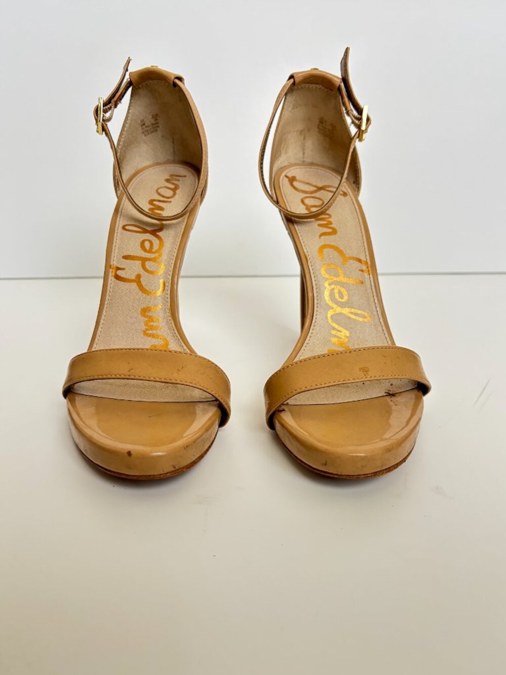 Sam Edelman “Eleanor” Almond Patent Leather ankle strap platform pump size 9